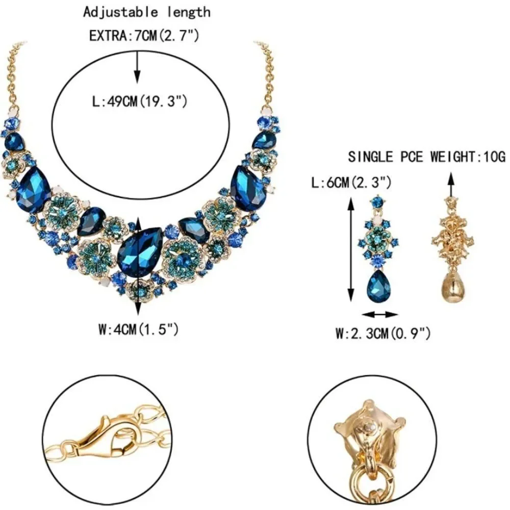 Yellow Gold & Sapphire Blue Austrian Crystal Camellia Necklace and Earrings Set